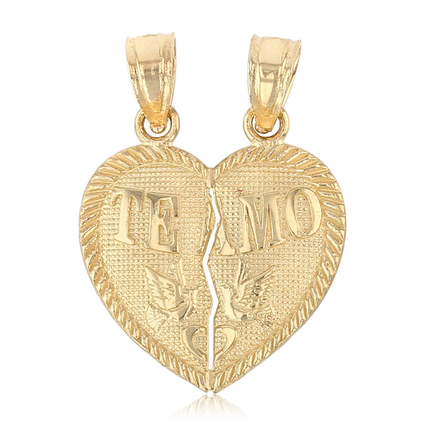 14K Gold Small 'Te Amo' Couple Broken Heart Pendant with 1.2mm Flat Open Wheat Chain