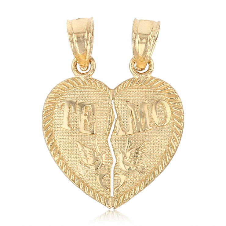 14K Gold Small 'Te Amo' Couple Broken Heart Pendant with 1.2mm Flat Open Wheat Chain
