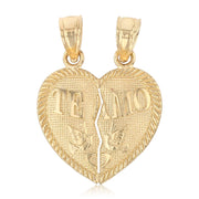 14K Gold Small 'Te Amo' Couple Broken Heart Pendant with 0.9mm Singapore Chain