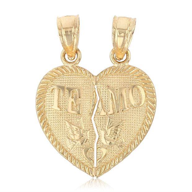 14K Gold Small 'Te Amo' Couple Broken Heart Pendant with 0.9mm Singapore Chain