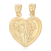 14K Gold Small 'Te Amo' Couple Broken Heart Pendant with 1.2mm Flat Open Wheat Chain