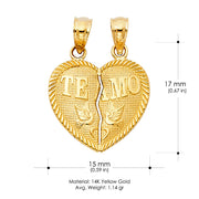 14K Gold Small 'Te Amo' Couple Broken Heart Pendant with 2mm Figaro 3+1 Chain