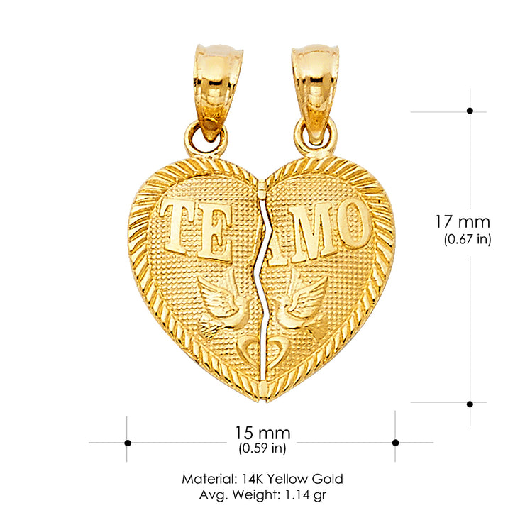 14K Gold Small 'Te Amo' Couple Broken Heart Pendant with 2mm Figaro 3+1 Chain