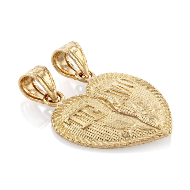 14K Gold Small 'Te Amo' Couple Broken Heart Pendant with 1.2mm Flat Open Wheat Chain