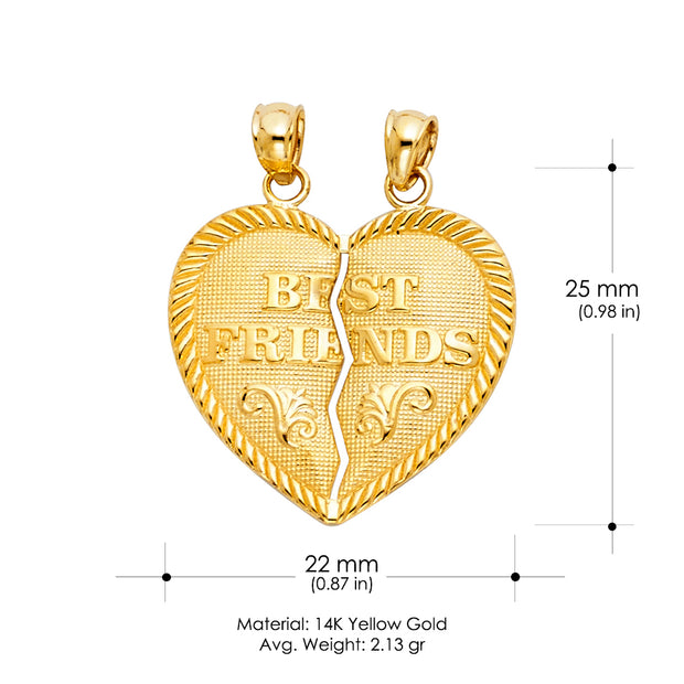 14K Gold 'BEST FRIENDS' Broken Heart Pendant with 1.5mm Flat Open Wheat Chain