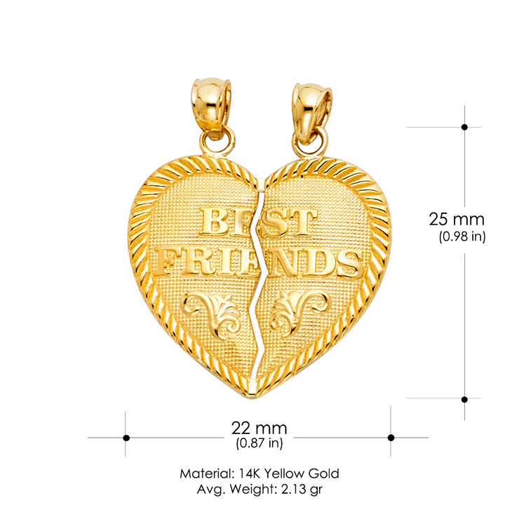14K Gold 'BEST FRIENDS' Broken Heart Charm Pendant
