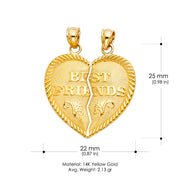 14K Gold 'BEST FRIENDS' Broken Heart Charm Pendant with 1.1mm Wheat Chain Necklace