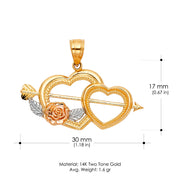 14K Gold Double Heart With Cupid Arrow Charm Pendant with 1.2mm Box Chain Necklace