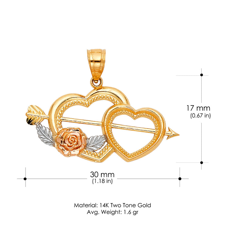 14K Gold Double Heart With Cupid Arrow Charm Pendant