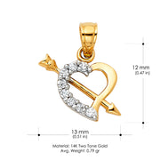 14K Gold CZ Heart With Cupid Arrow Pendant with 1.2mm Flat Open Wheat Chain