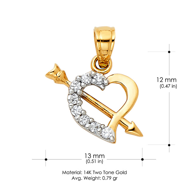 14K Gold CZ Heart With Cupid Arrow Charm Pendant with 0.9mm Wheat Chain Necklace