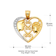 14K Gold Heart Mom & Daughter Pendant with 1.5mm Flat Open Wheat Chain