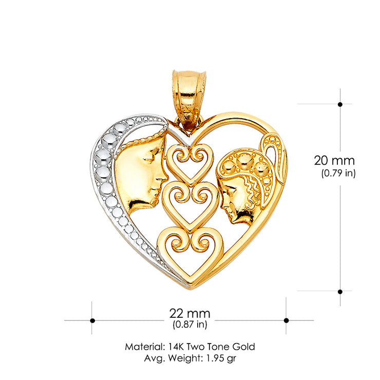 14K Gold Heart Mom & Daughter Pendant with 1.2mm Singapore Chain