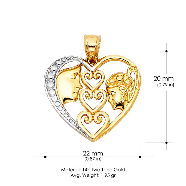 14K Gold Heart Mom & Daughter Pendant with 2.3mm Figaro 3+1 Chain