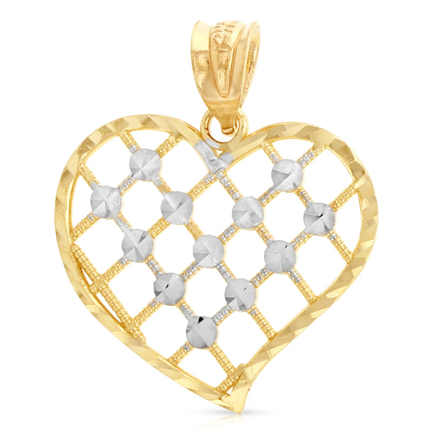 14K Gold Fancy Checkered Heart Charm Pendant with 0.8mm Box Chain Necklace