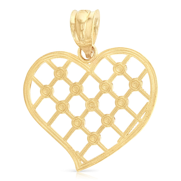 14K Gold Fancy Checkered Heart Charm Pendant with 0.8mm Box Chain Necklace