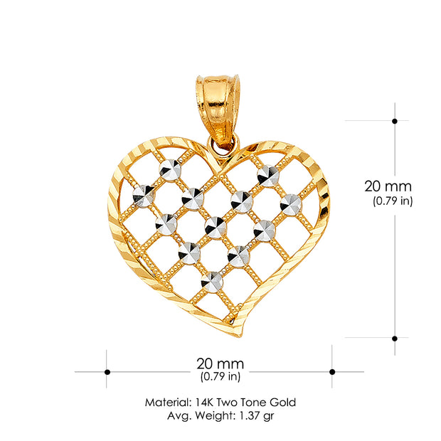 14K Gold Fancy Checkered Heart Charm Pendant with 1.1mm Wheat Chain Necklace