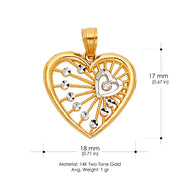 14K Gold Heart Pendant with 1.5mm Flat Open Wheat Chain