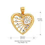 14K Gold Fancy Webbed Heart Charm Pendant with 0.9mm Wheat Chain Necklace