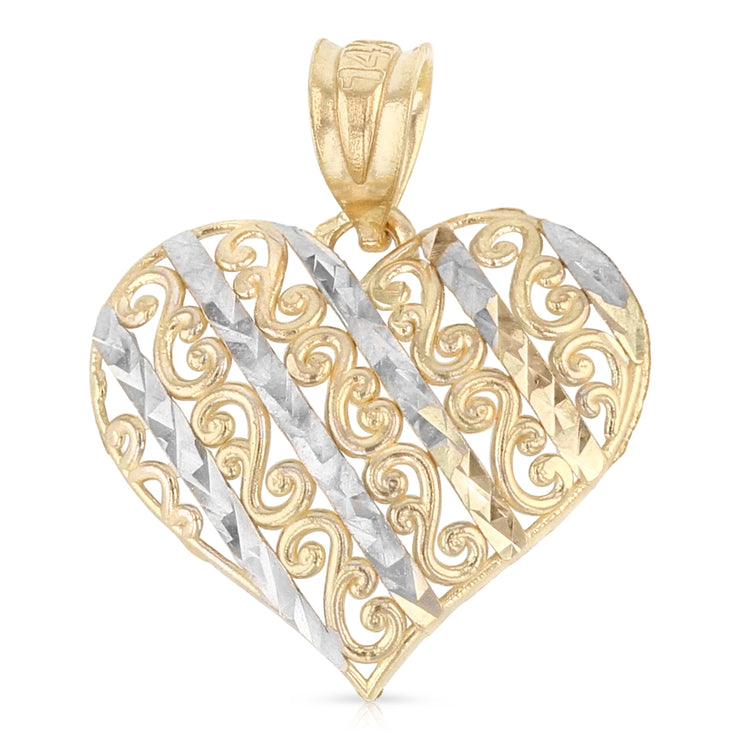 14K Gold Fancy Design Heart Charm Pendant with 0.8mm Box Chain Necklace