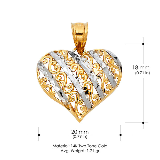 14K Gold Fancy Design Heart Charm Pendant with 1.1mm Wheat Chain Necklace