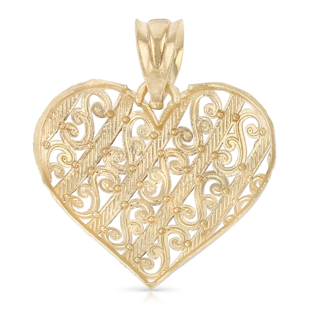 14K Gold Fancy Design Heart Charm Pendant with 1.1mm Wheat Chain Necklace