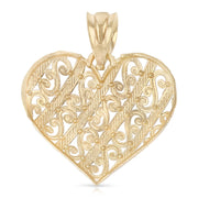 14K Gold Fancy Design Heart Charm Pendant with 0.8mm Box Chain Necklace