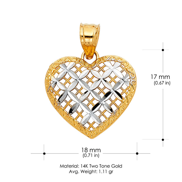 14K Gold Fancy Checkered Heart Charm Pendant with 0.8mm Box Chain Necklace