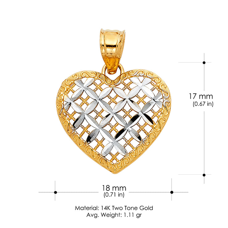 14K Gold Fancy Checkered Heart Charm Pendant with 0.9mm Wheat Chain Necklace