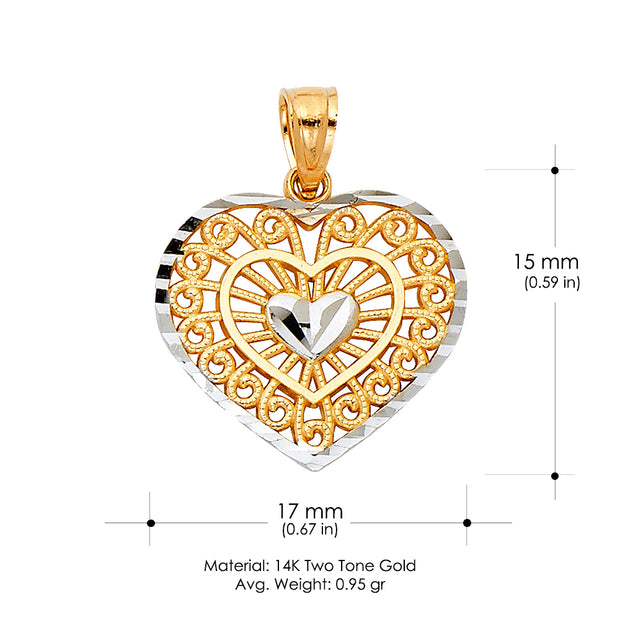 14K Gold Fancy Inside Heart Charm Pendant with 0.8mm Box Chain Necklace