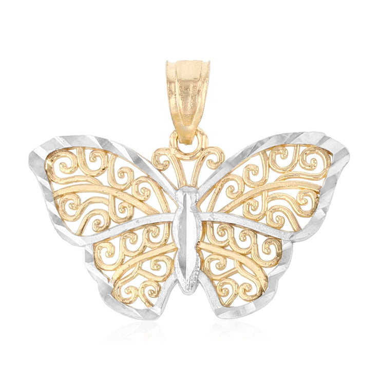 14K Gold Butterfly Pendant with 1.5mm Flat Open Wheat Chain