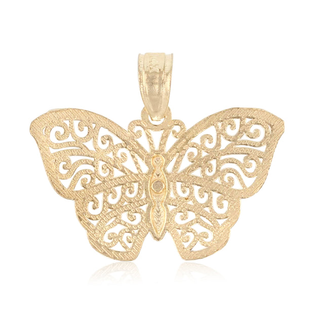 14K Gold Butterfly Pendant with 1.5mm Flat Open Wheat Chain