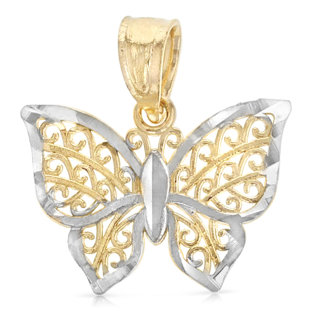 14K Gold Butterfly Pendant with 1.2mm Flat Open Wheat Chain