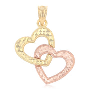 14K Gold Double Hanging Heart Charm Pendant with 0.8mm Box Chain Necklace