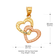 14K Gold Double Hanging Heart Charm Pendant with 0.8mm Box Chain Necklace