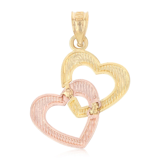 14K Gold Double Hanging Heart Charm Pendant with 0.9mm Wheat Chain Necklace