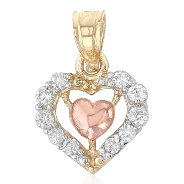 14K Gold CZ Heart Charm Pendant with 1.2mm Flat Open Wheat Chain Necklace