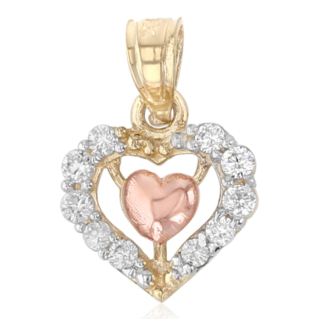 14K Gold CZ Fancy Inside Heart Charm Pendant with 0.8mm Box Chain Necklace