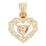 14K Gold CZ Heart Charm Pendant with 1.2mm Flat Open Wheat Chain Necklace