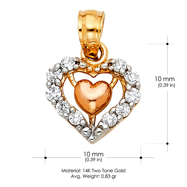 14K Gold CZ Fancy Inside Heart Charm Pendant with 0.8mm Box Chain Necklace