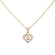 14K Gold CZ Fancy Inside Heart Charm Pendant with 0.9mm Wheat Chain Necklace