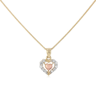 14K Gold CZ Fancy Inside Heart Charm Pendant with 0.9mm Wheat Chain Necklace