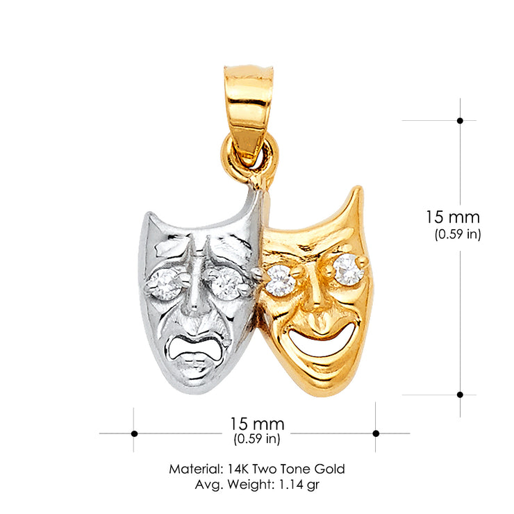 14K Gold Two Face Happy and Sad Charm Pendant with 0.8mm Box Chain Necklace