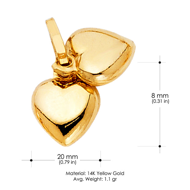 14K Gold Double Plain Heart Charm Pendant with 0.9mm Wheat Chain Necklace