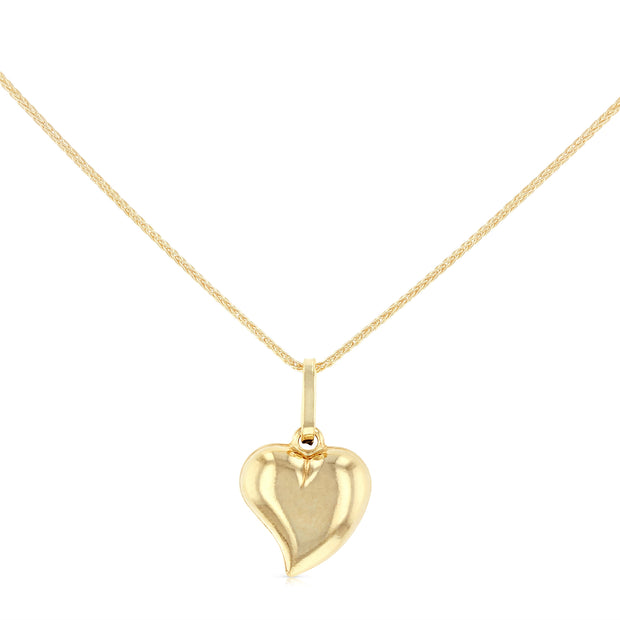 14K Gold Plain Heart Charm Pendant with 0.9mm Wheat Chain Necklace