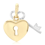 14K Gold Key to Heart Charm Pendant with 1.5mm Flat Open Wheat Chain Necklace