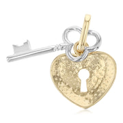 14K Gold Key to Heart Charm Pendant with 1.5mm Flat Open Wheat Chain Necklace