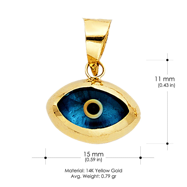 14K Gold Evil Eye Charm Pendant with 1.5mm Flat Open Wheat Chain Necklace