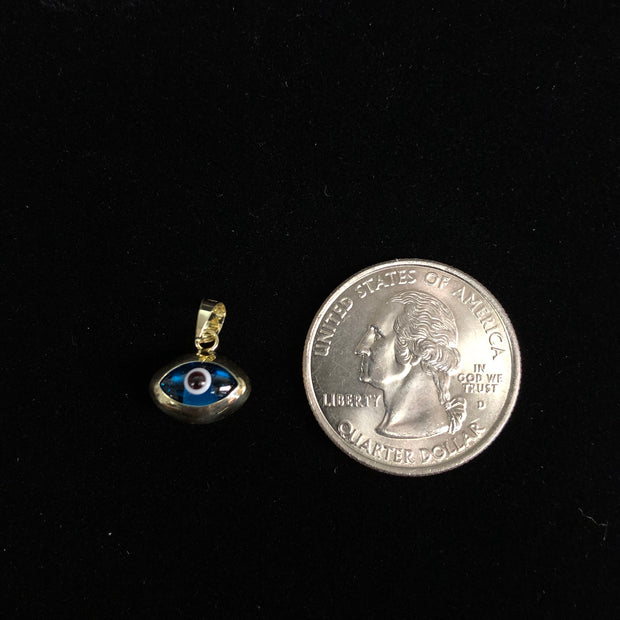 14K Gold Blue Evil Eye Charm Pendant with 0.8mm Box Chain Necklace