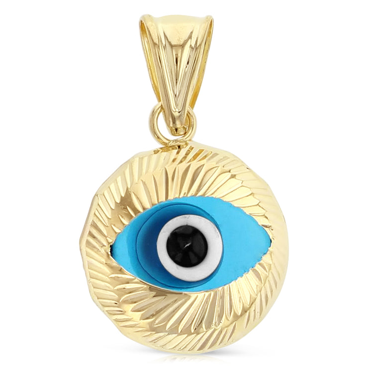 14K Gold Evil Eye Fluted Round Charm Pendant with 1.2mm Singapore Chain Necklace